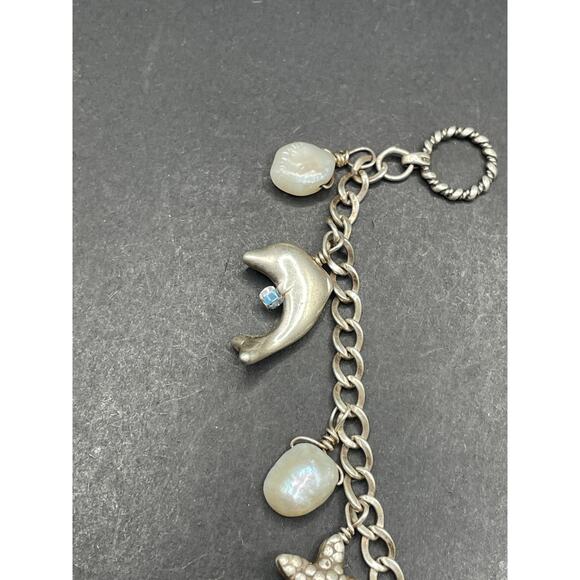 Vtg 925 Sterling Silver Pearl & Sea Creature Dangle Charm Bracelet Sz 7 1/4" 18g - Picture 5 of 10